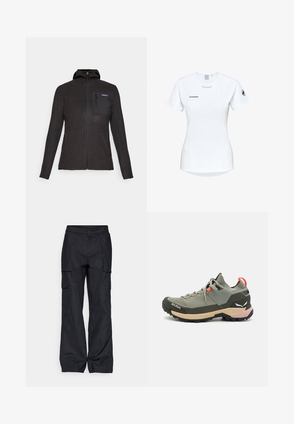 Felpa nera con texture, zip e tasca sul petto con zip e piccolo logo Patagonia, su uno sfondo semplice.; Maglietta atletica bianca a maniche corte con colletto rotondo, dotata di un logo sul petto e una texture di tessuto liscia e leggera.; Columbia BREA FALLS™ COTTON RIPSTOP PANT - Pantaloni outdoor - black; Scarpa da trekking leggera verde con materiali in rete e gomma, suola antiscivolo nera, accenti rosa e arancioni e punta rinforzata.