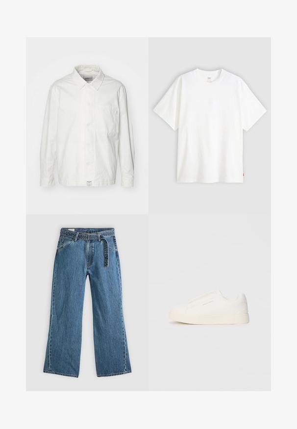 Fehér, gombos, pamut ing, klasszikus gallérral, hosszú ujjakkal és egyetlen mellzsebbel. Simaság jellemzi, egyszerű dizájn.; Fehér, rövid ujjú pamut póló, kerek nyakkivágással. Az elülső részen finom, domború logós részlet található, valamint egy piros cimke az alsó szegélyen.; Kék farmer széles szárú nadrág, hozzáépített övvel, elülső zsebekkel és látható varrással, sima világos háttéren.; Fehér slip-on sportcipők texturált felülettel, vastag talppal és minimalista dizájnnal. Az oldalon a márka logója található.