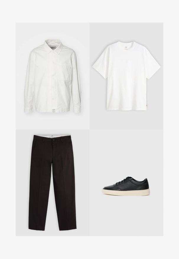 Hvit skjorte med knapper laget av bomull, med klassisk krage, lange ermer og en enkelt brystlomme. Glatt tekstur, enkelt design.; Hvit t-skjorte med korte ermer laget av bomull, med rund hals. Har diskret preget logo detalj foran og en rød etikett på kanten.; Sorte straight-leg chinos med beltestropper, knaplukning og sidelommer, vist på en lysegrå baggrund.; Svarte lavtopp lær sneakers med svarte snører og off-white såle vist i sidesyn på hvit bakgrunn.