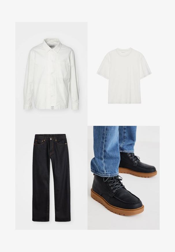 Camisa branca de botão, feita de algodão, com colarinho clássico, mangas longas e um único bolso no peito. Tecido suave, design simples.; T-shirt branca em algodão com mangas curtas, decote redondo e detalhe de costura em contraste à volta do decote e das mangas.; Calças de ganga pretas para homem, de pernas retas, com cinco bolsos e costura laranja, fecho de botão e zíper na cintura da frente.; Botas de couro pretas com uma superfície texturada, sola de borracha castanha em contraste e atacadores cinzentos; combinadas com jeans de ganga azuis.