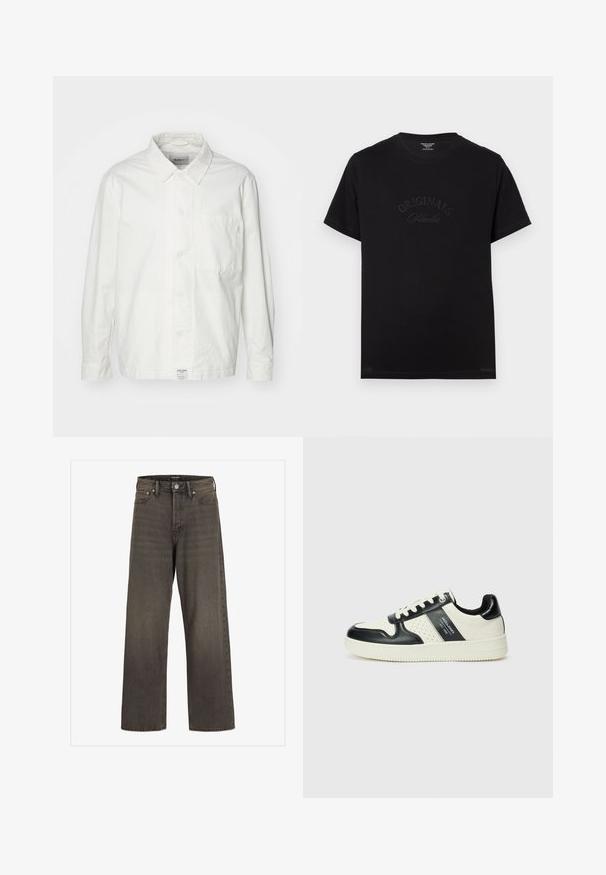 Valkoinen nappikauluspaita, joka on valmistettu puuvillasta. Paita on varustettu klassisella kauluksella, pitkillä hihoilla ja yhdellä rintataskulla. Sileä pinta ja yksinkertainen muotoilu.; Mustat puuvillapaitat lyhyillä hihoilla ja pyöreällä kaula-aukolla. Edessä on tonalisessa kirjonnassa "ORIGINALS Studio".; Valkoset farkut tummanharmaasta denimestä, joissa on korkea vyötärö, klassinen viisi-taskuinen muotoilu ja erottuvat ompeleet saumoissa.; Nahkakengät musta-kerma värimaailmassa, joissa on rei'itetyt yksityiskohdat, pehmustettu nilkkaosa ja teksturoitu pohja.