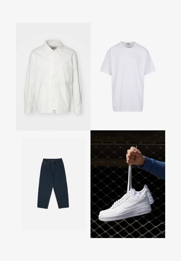 Hvit skjorte med knapper laget av bomull, med klassisk krage, lange ermer og en enkelt brystlomme. Glatt tekstur, enkelt design.; Hvit bomull t-skjorte med korte ermer, rund utringning, avslappet passform, og ingen synlige logoer eller mønstre. Glatt tekstur og minimalistisk design.; Mørkeblå høytlivs jeans med avslappet passform, med fem lommer og knappelukking. Laget av denim med en glatt tekstur.; Hvite skinnsneakers med perforeringer, rund tå, flat såle og tykke lisser, med en synlig swoosh-logo og "AIR" på hælen.