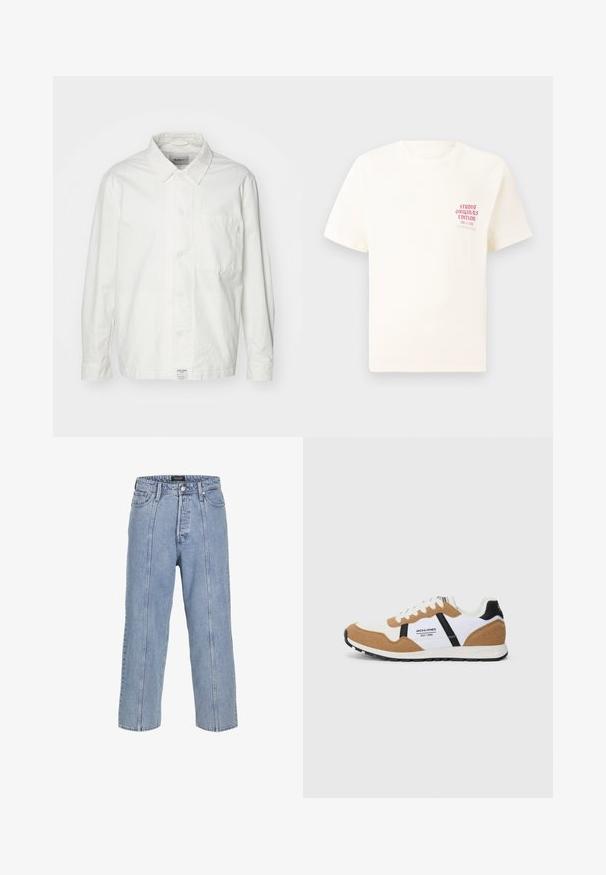 Valge nööpidega särk, mis on valmistatud puuvillast, klassikalise krae, pikkade varrukate ja ühe rinnataskuga. Sile tekstuur, lihtne disain.; Valge lühikeste varrukatega T-särk, millel on vasakul rinnal punane tekst "Studio Originals Edition", esitatud neutraalsel hallil taustal.; Heledad sinine teksapüksid, millel on lai lõige, laiad sääred ja nähtavad õmbluse detailid. Omab nööbiga ja lukuga kinni tõmmatavat piirdu, viis taskut.; Retro-stiilis tenniset, valge ja pruuni nubukiga, mustade aktsentidega, valgete paeltega ning külgedel "Jack & Jones EST. 1990" logo.