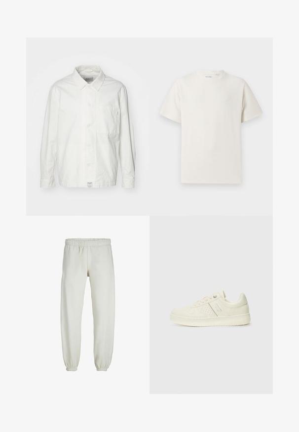 Witte overhem shirt van katoen, met een klassieke kraag, lange mouwen en een enkele borstzak. Glad oppervlak, eenvoudig ontwerp.; Witte korte mouwen T-shirt met ribbelstructuur. Ronde hals, ontspannen pasvorm, geen zichtbare patronen of accenten. Eenvoudig en veelzijdig ontwerp.; Witte sweatpants gemaakt van zachte stof, met een elastische tailleband en boorden, een gladde textuur en een losvallend ontwerp.; Crème-kleurige sneaker met geperforeerde details, veters en een logo aan de zijkant, weergegeven tegen een eenvoudige witte achtergrond.
