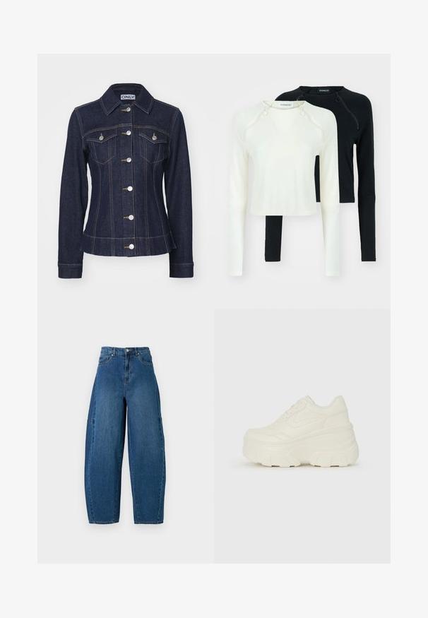 ONLY ONLFREDERIKKE SHAPED - Jeansjacke - dark blue denim; Zwei Langarmoberteile, eines in Weiß und eines in Schwarz. Beide verfügen über runde Ausschnitte und dekorative Reißverschlüsse an der Schulter. Glattes Material.; Denimjeans in einer mittleren blauen Waschung, mit hoher Taille, weit geschnittenem Bein und dem typischen fünf Taschen Design mit sichtbaren Nahtdetails.; Weiße Platform Sneakers mit einem glatten, lederähnlichen Obermaterial, abgerundeter Form, gepolstertem Kragen und strukturierten Gummisohlen mit ausgeprägten Stollen.