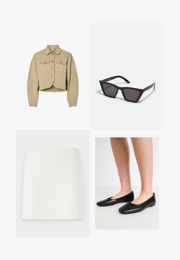 Beige cropped denim jacket with long sleeves, button front closure, two chest flap pockets, and a rounded hem detail.; Black turtleneck sweater with long sleeves, cropped design, knitted texture, and fitted cuffs. Simple, solid color without patterns.; White, fitted mini skirt with a smooth texture and clean lines. No visible patterns or hardware. Straight hem at the bottom.; Black ballet flats made of smooth leather with a rounded toe and a low, flat sole, featuring a slip-on design and no visible hardware.; Black, angular sunglasses with gray lenses; made of plastic, featuring thick arms with a smooth surface and no visible hardware.; Black suede clutch bag with a zip closure and detachable wrist strap. Features gold-tone hardware and a smooth, matte texture.