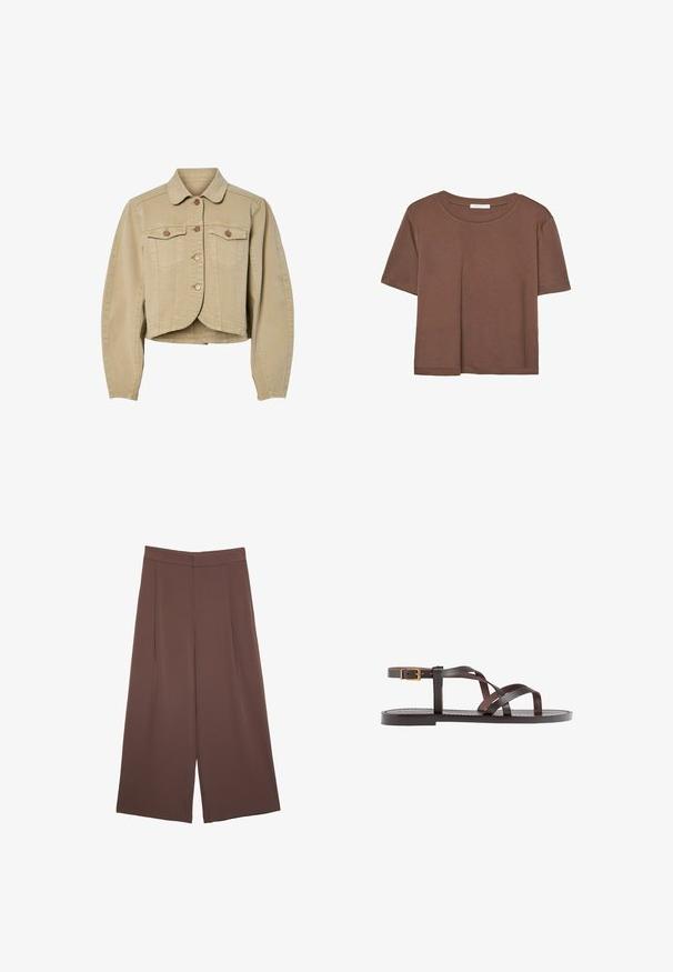 Veste en denim beige cropped avec manches longues, fermeture à boutons sur le devant, deux poches à rabat sur la poitrine et un ourlet arrondi.; T-shirt marron à manches courtes en tissu doux, avec un col rond et une coupe décontractée. Aucun motif ni accent visible.; Pantalons larges marron avec une texture lisse, dotés d'une taille haute et de plis à l'avant. Le tissu est léger et tombe de manière fluide.; Sandale en cuir marron avec des brides entrecroisées, une fermeture à boucle à la cheville et une semelle plate avec des détails de couture minimaux.