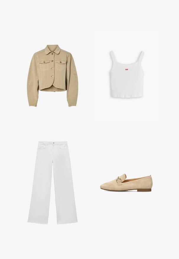 Beige cropped denim jack met lange mouwen, knoopsluiting aan de voorkant, twee borstzakken met klep en een afgeronde zoom.; Witte geribbelde tanktop met dunne schouderbandjes, voorzien van een klein rood Levi's-logo op de voorkant. Eenvoudig, aansluitend ontwerp met een rechte zoom.; Witte wijde jeans van denim met een vlakke voorkant, twee zijzakken en een knoopsluiting, met een rechte pijp en zonder zichtbare patronen.; Beige suède loafers met een spitse neus, platte hak en decoratieve goudkleurige hardware-accent op de schacht. Zachte textuur, minimale details.