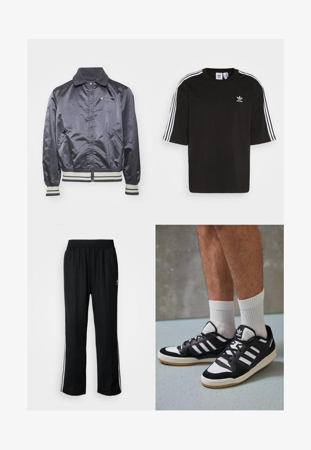 Navy satin bomber jacket with a zip front, ribbed collar, and striped cuffs. Features side pockets and a small logo on the chest.; Black short-sleeve T-shirt made of cotton, featuring white three-stripe accents on shoulders and an embroidered Adidas logo on the chest.; Black athletic pants with an elastic waistband, featuring white side stripes and a small logo. Material appears soft and lightweight.; Black and white sneakers with a suede and leather upper, featuring three white stripes, a perforated toe, and a gum rubber sole.