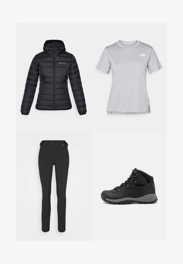 Chaqueta de abrigo negra con cremallera frontal, capucha y puños elásticos. Presenta un acolchado horizontal y un pequeño logo en el área del pecho izquierdo.; Camiseta gris de manga corta hecha de una suave tela que absorbe la humedad. Presenta un cuello redondo y un pequeño logotipo blanco en la parte superior izquierda.; Pantalones negros ajustados hechos de un material flexible. Las características incluyen un bolsillo lateral con cremallera, rodillas articuladas y una textura suave.; Bota de senderismo negra con un diseño de medio caña, que cuenta con una parte superior texturizada, acentos grises y una suela de goma duradera con tacos de tracción.