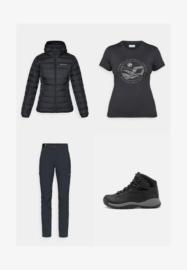 Jachetă puffer neagră cu fermoar pe față, glugă și manșete elastice. Prezintă o cusătură orizontală și un logo mic pe zona stângă a pieptului.; Tricou negru Columbia cu artă liniară albă circulară reprezentând munți și un râu, împreună cu textul "Columbia Sportswear Company Afară din 1938."; Pantaloni de exterior pentru bărbați, gri închis, fabricați dintr-un material flexibil, cu un brâu, buzunare cu fermoar și cusături consolidate.; Botă de drumeție neagră cu un design mediu, având un material texturat, accente gri și o talpă din cauciuc durabilă cu crampoane pentru aderență.