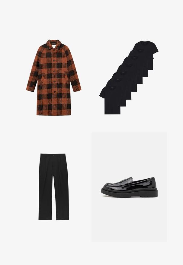 Károvaný kabát vyrobený z textúrovaného materiálu v oranžovej a čiernej farbe. Obsahuje golier, šesť gombíkov a dve predné vrecká. Stredná dĺžka.; Sada ôsmich čiernych bavlnených tričiek s krátkymi rukávmi a okrúhlym výstrihom, s jednoduchým dizajnom a jemnou textúrou.; Čierne nohavice s rovnými nohavicami, vyrobené z hladkej tkaniny. Majú predné puky a jediné gombíkové zapínanie v páse.; Čierne patentové kožené mokasíny s okrúhlou špičkou, ozdobným pásikom a hrubou čiernou gumovou podrážkou. Hladký lesklý povrch s minimálnym prešitím.