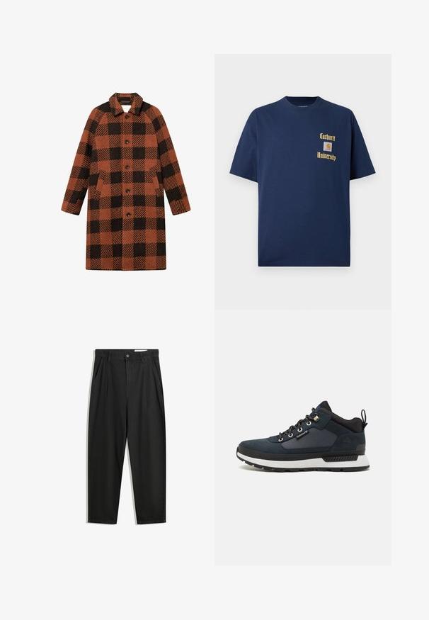 Kostkovaný kabát vyrobený z strukturované látky v oranžové a černé barvě. Má límec, šest knoflíků a dvě přední kapsy. Středně dlouhý design.; Námořnická modrá bavlněná tričko s krátkým rukávem, se zlatým textem "Carhartt University" a nášivkou na levé hrudi.; Černé bavlněné kalhoty s uvolněným střihem, klasickým pasem, předními záhyby a bočními kapsami. Hladká textura bez vzorů.; Hnědo-navy trekkingová bota se svrškem z semiše a textilu, bílou mezipodešví, černou podrážkou a kovovými očky. Disponuje zadním poutkem pro snadné obouvání.