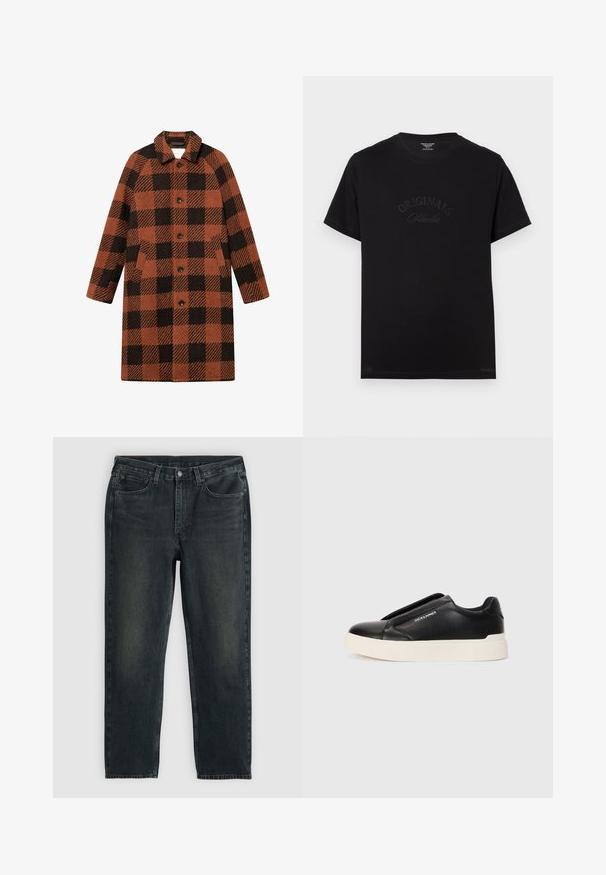 Rūtainā veste, kas izgatavota no strukturētas auduma oranžā un melnā krāsā. Iekļauj pārklāju, sešus pogas un divas priekšējās kabatas. Vidēja garuma dizains.; Melnas kokvilnas T-krekls ar īsām piedurknēm un apaļu izgriezumu. Priekšpusē ir izceltas ar tonālām burtiem "ORIGINALS Studio".; Tumši zili džinsi ar taisnu kāju griezumu, ar piecām kabatām, rāvējslēdzēju un kontrastējošām diegvīlēm. Auduma viegla izbalēšana.; Melna slip-on kedu ar teksturētu ādas augšdaļu, baltu gumijas zoli un bez redzamām šņorcēm. Uz sāna ir zīmola logo.