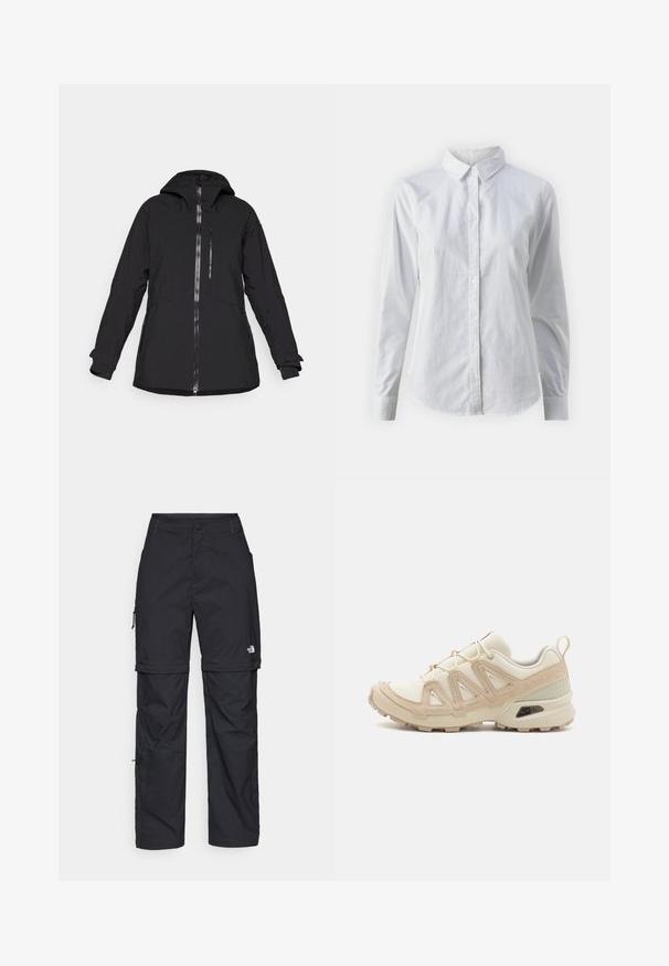 Must have veekindel must jope, millel on lukuga eesmine osa, kapuuts ja küljetaskud. Omab pikki varrukasid, millel on reguleeritavad mansetid, ning sujuvat disaini.; Valge nööpidega särk, mis on valmistatud siledast puuvillast. Särgil on klassikaline krae, pikad varrukad ja kaarduv äär. Nöödid on väikesed ja valged.; Mustad nailonist valmistatud eemaldatavad cargo-püksid, reguleeritavate pahkluudega, mitmete taskutega ja paremal jalal logoga. Sile, kerge tekstuur.; Beež ja koobalti spordijalats tekstureeritud võrkkattega, toetavad ülemised kihid ja kummist tallaga, millel on mustriga joonistus haardeks.