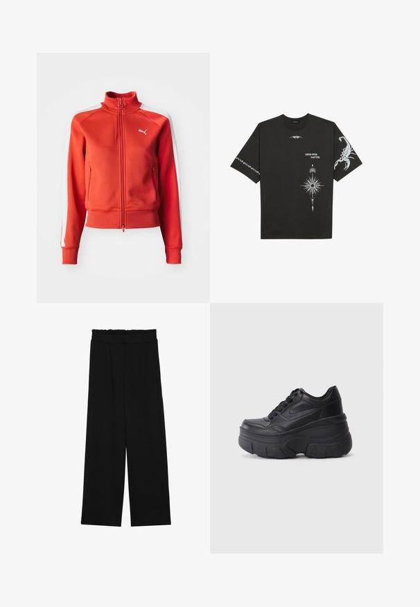 Veste zippée rouge en tissu texturé. Dotée d'un col montant, de bandes latérales blanches et d'un petit logo blanc sur la poitrine.; T-shirt noir en coton présentant des impressions graphiques blanches, incluant un scorpion et des motifs abstraits. Manches courtes ; col rond.; Pantalons larges noirs à taille volante, dotés de deux poches latérales et d'un tissu lisse et léger. Pas de motifs ni de matériel visible.; Baskets noires à lacets avec une semelle épaisse, présentant un dessus en cuir lisse, un bout arrondi et un design de plateforme en couches distinct.