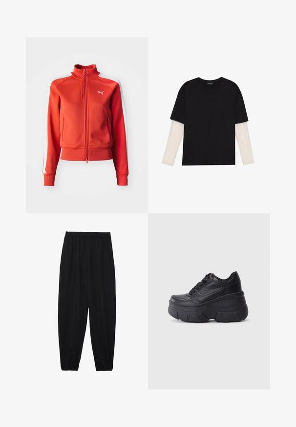 Rote Zip-Jacke aus strukturiertem Stoff. Verfügt über einen Stehkragen, weiße Seitenstreifen und ein kleines weißes Logo auf der Brust.; Schwarzes T-Shirt aus Baumwolle mit kurzen Ärmeln über einer weißen Langarmschicht, die ein dezentes strukturiertes Muster aufweist. Rundhalsausschnitt.; Schwarze, leichte Hosen mit einem elastischen Bund und gerafften Knöcheln. Der Stoff ist glatt und hat ein entspanntes, schmal zulaufendes Design.; Schwarze Schnürsneaker mit einer klobigen Sohle, ausgestattet mit einem glatten Leder-Obermaterial, runder Zehenpartie und markantem, geschichteten Plattformdesign.