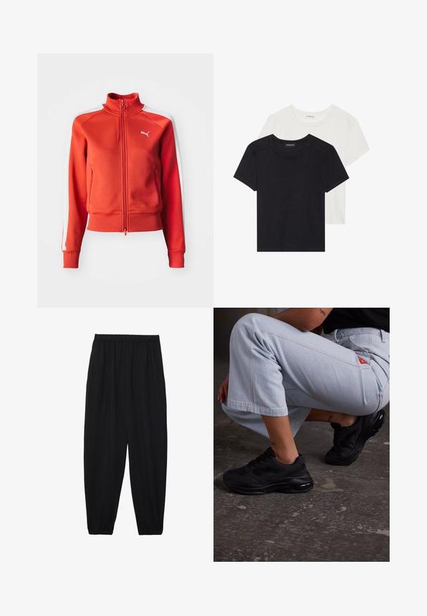 Rode zip-up jas gemaakt van een gestructureerde stof. Bevat een staande kraag, witte zijstrepen en een klein wit logo op de borst.; Twee T-shirts met korte mouwen in zwart en wit. Gemaakt van zacht katoen, met een ronde halslijn en een standaard pasvorm, met minimale stikdetails.; Zwarte, lichte broek met een elastische tailleband en gathered enkels. De stof is glad en heeft een ontspannen, taps toelopend ontwerp.; Zwarte sportieve sneakers met een gestructureerde bovenkant, dikke zool en luchtkussen. Samengevoegd met lichtblauwe cropped broeken in een casual houding.