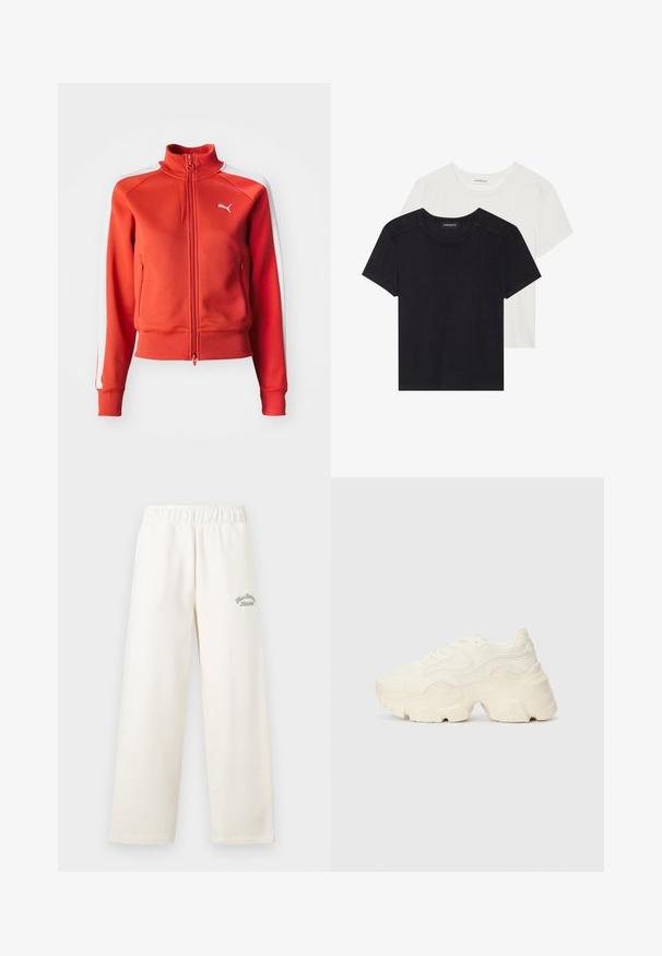 Rote Zip-Jacke aus strukturiertem Stoff. Verfügt über einen Stehkragen, weiße Seitenstreifen und ein kleines weißes Logo auf der Brust.; Zwei Kurzarm-T-Shirts in Schwarz und Weiß. Aus weicher Baumwolle gefertigt, mit einem runden Halsausschnitt und standardmäßiger Passform, die dezente Nähedetails aufweisen.; Cremfarbene, weit geschnittene Hose aus weichem Material mit einem elastischen Bund. Auf der Vorderseite ist dezent grüner Sticktext zu sehen.; Flockige weiße Sneaker aus strukturiertem Mesh und synthetischen Materialien, mit einer dicken Sohle und komplizierten Mustern entlang der Seiten.