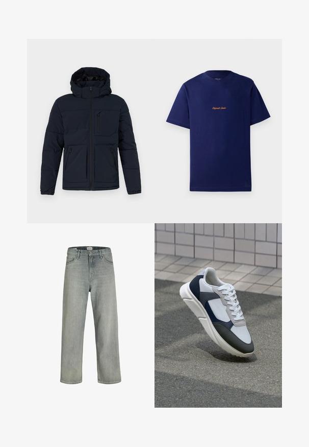 Giacca puffer blu navy con cappuccio. Presenta una zip frontale, due tasche laterali con zip e una tasca sul petto. Tessuto liscio con una texture imbottita.; Maglietta in cotone blu navy con maniche corte. Presenta un piccolo logo ricamato arancione sul petto. Design classico con colletto a girocollo.; Jeans grigi chiaro, con vestibilità comoda, realizzati in denim. Presentano un classico design a cinque tasche, passanti per cintura e una silhouette a gamba dritta.; Sneaker bianca, blu navy e grigia con un design a materiali misti, caratterizzata da una tomaia testurizzata, lacci piatti e una suola imbottita.