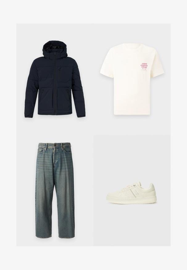 Námořnická modrá péřová bunda s kapucí. Obsahuje přední zip, dvě postranní kapsy na zip a jednu kapsu na hrudi. Hladká tkanina s polstrovanou strukturou.; Bílý krátký rukávový tričko s červeným textem "Studio Originals Edition" na levé hrudi, vystavené na neutrálním šedém pozadí.; Světle modré denimové džíny s volným střihem, středně vysokým pasem a rovnými nohavicemi. Obsahují pět kapes, poutka na opasek a zapínání na knoflík.; Světlé krémové tenisky s perforovanými detaily, šněrováním a logem na boku, vystavené na jednoduchém bílém pozadí.