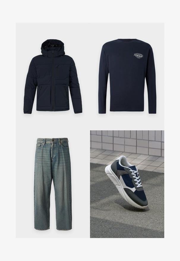 Mornarsko modra puhovka s kapuco. Ima sprednji zadrg, dve stranski zadrgi in en žep na prsih. Gladko blago s oblazinjenim videzom.; Morne modra dolgi rokav majica s krožnim izrezom z majhnim belim logotipom "Jack & Jones Coll. Studio" na levem prsnem predelu.; Svetlomoderne kavbojke z ohlapnim krojem, srednjim pasom in ravnimi nogami. Imajo pet žepov, zanke za pas in zapiranje na gumb.; Superge z zgornjim delom iz mrežaste tkanine v mornarsko modri barvi, sivi usnjeni poudarki, belo gumijasto podplato in ravnimi belimi vezalkami, zasnovane za udobje in zračnost.