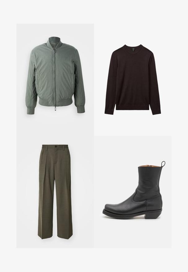 Giubbotto bomber verde oliva con zip frontale, colletto e polsini a costine, caratterizzato da un motivo testurizzato di loghi ripetuti e due tasche laterali.; Reiss Maglione - dark bordeaux; Filippa K WIDE TROUSERS - Pantaloni - driftwood; Stivale alla caviglia in pelle nera con una texture liscia, profilo snello, cuciture laterali e un tacco quadrato basso. Presenta un pratico lacciolo sul retro.