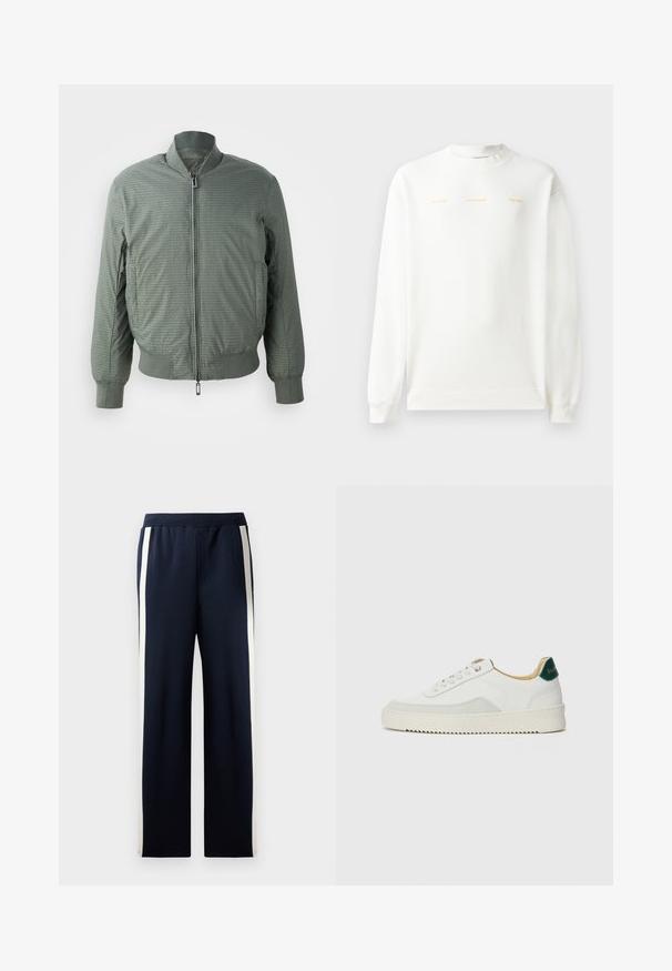 Olivgrön bomberjacka med dragkedja framtill, ribbat krage och manschetter, med en texturerad mönster av upprepade logotyper och två sidfickor.; Vit sweatshirt med rund halsringning, långa ärmar och ribbad mudd. Har guldtryckt text över bröstet: "HZW (25-26) HOLZWEILER THE SUN."; Mörkblå träningsoverallbyxor med en bred bendesign, med vertikala krämfärgade ränder längs sidorna. Tillverkade av mjukt, texturerat tyg med elastisk midja.; Vit sneaker med mockadetaljer, rund tå, platta snören och en krämfärgad gummisula. Har grön branding på hälen.