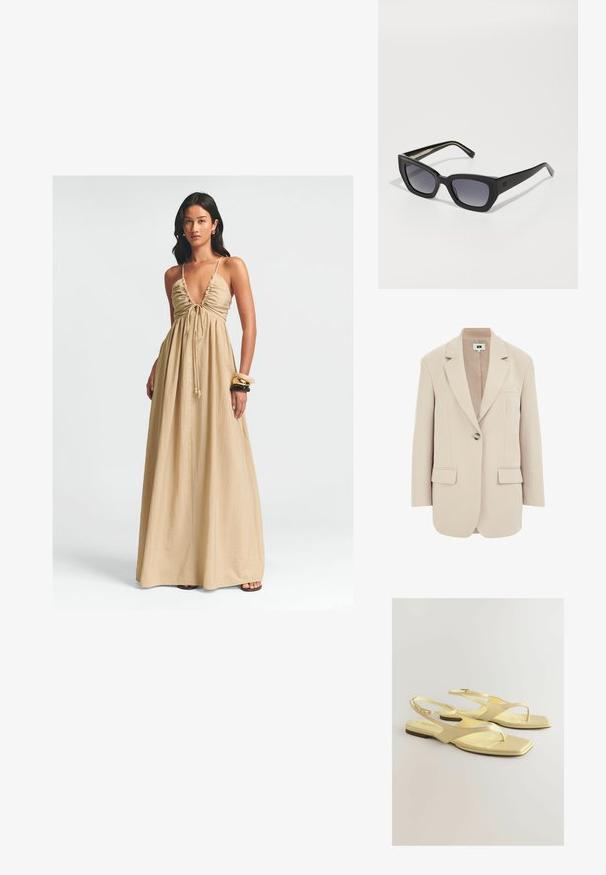 Beżowy żakiet o dopasowanym kroju, z klapami, pojedynczym zapięciem na guzik, dwoma przednimi kieszeniami oraz gładkim, teksturowanym materiałem.; Maxi sukienka w beżowym kolorze, z głębokim dekoltem w kształcie litery V, marszczoną górą z troczkiem i zwiewnym materiałem. Gładka faktura i minimalne detale.; Żółte płaskie sandały z teksturowanym, sztucznym skórzanym wierzchem, projekt z paskiem na palcach oraz paskiem wokół kostki z małym zapięciem. Kwadratowy kształt palców, minimalistyczny styl.; Czarne okulary przeciwsłoneczne w kształcie kociego oka z gradientowymi soczewkami, grubymi oprawkami i prostymi zausznikami. Na zausznikach znajduje się subtelne logo.; Żółta plisowana torebka wykonana z gładkiej sztucznej skóry, charakteryzująca się miękkim kształtem, pojedynczym paskiem na ramię oraz marszczonym designem u góry.