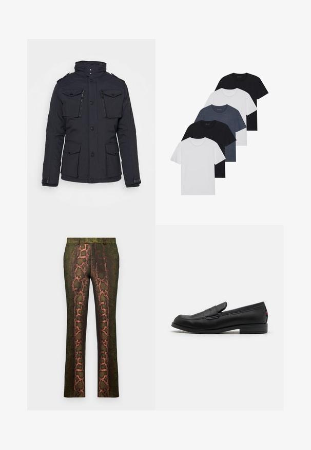 Giacca nera isolata con tasche con zip e a patta, colletto alto, chiusura a bottoni e polsini a costine. Tessuto liscio e vestibilità aderente.; Set di cinque t-shirt in nero, bianco e blu navy. Tessuto di cotone, maniche corte, design a collo rotondo e texture semplice senza motivi.; Pantaloni verdi a fantasia con motivo a pelle di serpente in tonalità di marrone e arancione, taglio dritto e texture liscia.; Mocassini in pelle nera con finitura liscia, punta arrotondata e una piccola pattina decorativa. Presentano un tacco basso e impilato e un sottile dettaglio di branding.