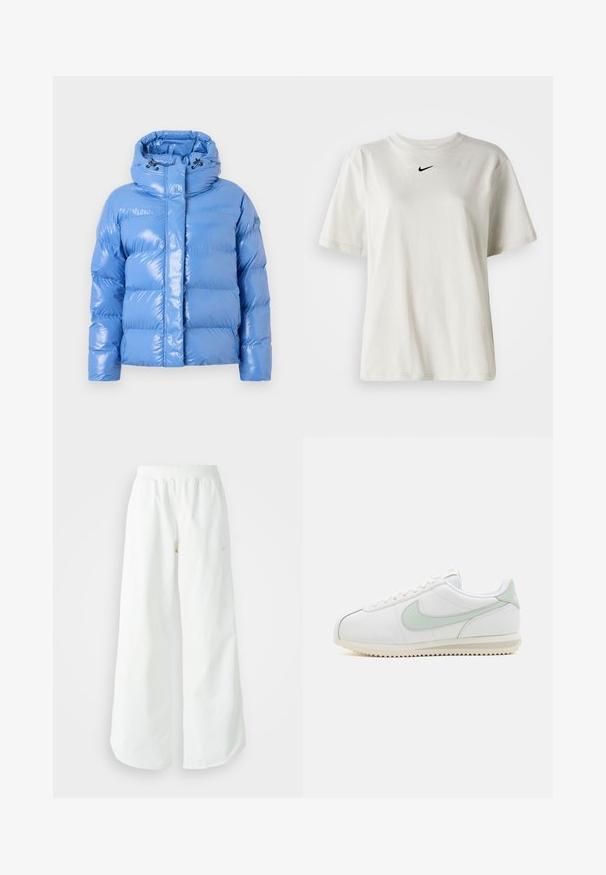 Giacca puffa blu imbottita con finitura lucida, colletto alto e cappuccio regolabile con cordino. Presenta polsini a coste e chiusura frontale con zip.; T-shirt bianco in cotone con scollatura rotonda e maniche corte. Presenta un piccolo logo Nike nero sul petto. Design semplice e privo di ornamenti.; Pantaloni sportivi bianchi a gamba larga con vita a coste e delicato dettaglio del logo. Tessuto liscio con vestibilità rilassata e orlo affusolato.; Scarpe in pelle bianche con accenti verde chiaro. Punta arrotondata, design con lacci e suola testurizzata con un motivo a zigzag. Stile minimalista.
