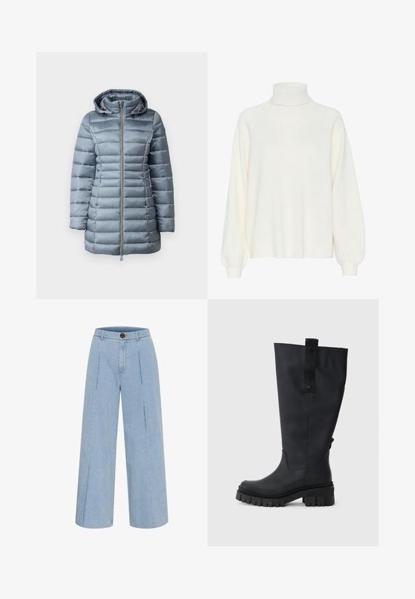 Giubbotto puffa grigio con cappuccio, caratterizzato da sezioni trapuntate orizzontali, una cerniera frontale e una morbida texture di tessuto lucido.; Maglione a collo alto crema con una morbida texture lavorata a maglia. Presenta maniche lunghe con polsini a coste e un design dalla vestibilità comoda.; Jeans a gamba larga di colore blu chiaro realizzati in denim, dotati di chiusura a bottone e due cuciture frontali che corrono verticalmente.; Stivali di gomma neri al ginocchio con suola spessa, grip texture e un'etichetta in tessuto nella parte superiore per una facile vestibilità. Finitura liscia e opaca.