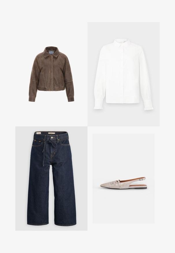 Hnedá semišová skrátená bunda s golierom, predným zipsom a bočnými vreckami. Má štruktúrovaný dizajn s riaseným pásom a elastickými manžetami.; Biela košeľa s dlhým rukávom, gombíkmi a golierom, so volánovými manžetami, vystavená na jednoduchom svetlošedom pozadí.; Tmavo modré džíny s širokými nohavicami, stiahnuteľným pásom, prednými vreckami a kontrastným oranžovým hurtným prešívaním.; Svetlosivá lodička so slingback dizajnom a špicatou špičkou, vyrobená z mäkkej semišovej textúry, so siedmimi dekoratívnymi prackami a nízkym plochým podpätkom.