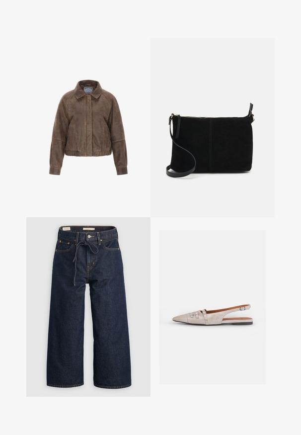 Smeđi suđeni kratki jakna s ovratnikom, prednjim patentnim zatvaračem i bočnim džepovima. Ima strukturirani dizajn s naboranim strukom i elastičnim manžetama.; Bijela košulja dugih rukava s dugmadi, ovratnikom i nabranim manžetama, prikazana na jednostavnoj svijetlosivoj pozadini.; Tamno plave široke traperice s vezicom u struku, prednjim džepovima i kontrastnim narančastim šavovima.; Svijetlosmeđi slingback cipelama s šiljastim prstom, mekim suedenim teksturom, s dvije dekorativne kopče i niskim, ravnim potplatom.; Crna suđena torba preko ramena s zatvaranjem na patentni zatvarač, ravnog pravokutnog dizajna i odvojivim remenom za svestranost. Glatka tekstura, minimalistički stil.