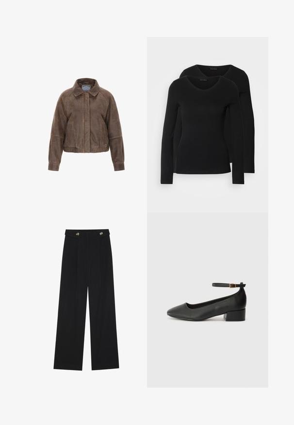 Rudas veliūrinis trumpas švarkas su apykakle, priekiniais užtrauktukais ir šoninėmis kišenėmis. Turtingas struktūrizuotas dizainas su surinkta liemene ir elastinėmis rankovėmis.; Du į juodas ilgomis rankovėmis marškiniai su V formos iškirpte, pagaminti iš minkštos, tamprios medžiagos, rodantys lygią tekstūrą ir prigludusią formą.; Juodi plačios kojos kelnės su aukštu liemeniu, sagų detalėmis ant liemens ir priekinėmis raukšlėmis.; Juodas odinis aukštakulnis batelis su smailiu pirštu ir žemu bloku. Su kulkšnies dirželiu su auksinės spalvos sagtimi. Lygus paviršius.