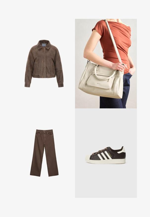 Rjav zamšast krojeni jopič z ovratnikom, sprednjim zadrgo in stranskimi žepi. Ima strukturirano zasnovo z nabranim pasom in elastičnimi manšetami.; Bela kratka majica s kratkimi rokavi iz bombaža. Ima okroglo izrezovanje in sproščen kroj. Gladka tekstura brez vidnih vzorcev ali poudarkov.; Široke rjave kavbojke iz denima, ki imajo visok pas, sprednje žepe in klasično zapiranje na gumb. Gladka tekstura s subtilnim šivom.; Nizki adidas Superstar copat iz temno rjavega usnja s kremasto školjkasto konico, belimi črtami in napisom "Superstar" na strani.; Bela usnjena torba z dvema ročkama in odstranljivo naramnico, ki ima sprednji žep na zadrgo in gladko teksturo. Nositi jo na osebi na roki.
