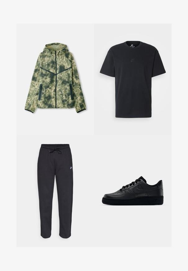 Jachetă de camuflaj cu glugă, realizată dintr-un material rezistent la apă în nuanțe de verde, combinată cu accente negre și buzunare cu fermoar.; Tricou din bumbac negru Nike, cu guler rotund clasic, mâneci scurte și un logo subtil embosat pe piept. Textură netedă.; Pantaloni de trening negri dintr-un material moale, cu talie elastică, șnur de ajustare și un mic logo Nike pe coapsa stângă.; Adidașii negri Nike Air Force 1 cu un exterior din piele netedă, vârf perforat pentru respirabilitate, șireturi negre și o talpă din cauciuc texturată.