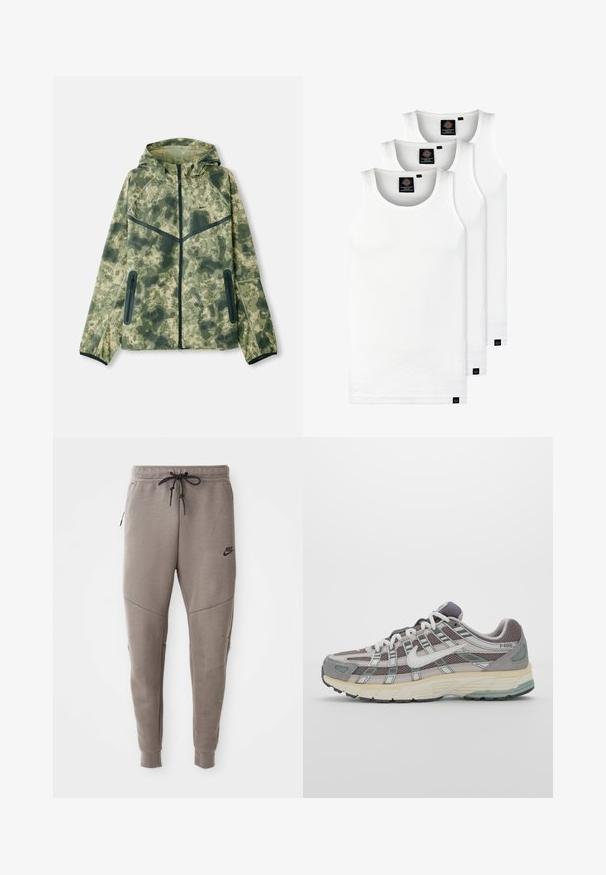 Kamuflasjjakke med hette, laget av vannavstøtende stoff i nyanser av grønt, kombinert med svarte detaljer og glidelåslommer.; Tre hvite ribbestrikkede tank topper laget av bomull. Har en rund hals og små svarte etiketter nær kanten. Tilgjengelig i flere størrelser.; Grå Nike joggebukser med snor i midjen, smale ben, sidelommer og distinkte sømdetaljer. Myk, teksturert stoff.; Grå treningssko med overdel i nett og semsket skinn, hvite detaljer, en polstret såle, og et særpreget design med reflekterende elementer.