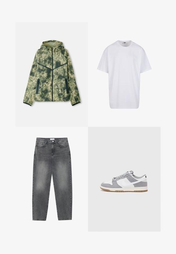 Camouflagejack met een capuchon, gemaakt van een waterafstotende stof in verschillende tinten groen, gecombineerd met zwarte accenten en ritszakken.; Witte katoenen t-shirt met korte mouwen, ronde hals, relaxte pasvorm en zonder zichtbare logo's of patronen. Gladde textuur en minimalistisch ontwerp.; Hoge taille, losvallende jeans van vervaagd zwart denim. Beschikt over vijf zakken, riemlussen en een schone, rechte broekspijp ontwerp.; Grijze en witte sneaker met een bovenwerk van suede en leer, ronde neus, platte veters en een rubberen zool met een gumaccent.