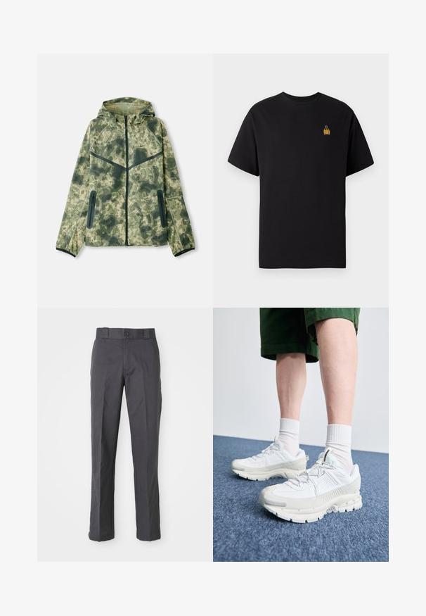 Kamufliažo striukė su gobtuvu, pagaminta iš vandeniui atsparaus audinio žalios spalvos atspalviais, derinama su juodais akcentais ir užtrauktukais.; Juodas medvilninis marškinėliai trumpomis rankovėmis, apvaliu kaklu ir mažo geltono siuvinėjimo dizaino kairėje krūtinės pusėje.; Tamsiai pilki medvilnės mišinio kelnių, su tiesiais šonais, priekinėmis kišenėmis ir mygtuku užsegimui juosmens srityje.; Baltos sportinės bateliai su tekstūruotais uždengimais, masyviu padu ir pilkais akcentais. Dėvimi su baltais trumpais kojiniais ir žaliais šortais mėlyname paviršiuje.