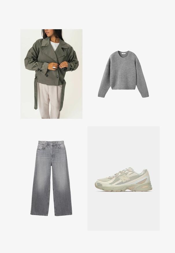 Giacca doppiopetto verde oliva con ampio colletto, grandi bottoni neri e lacci laterali, abbinata a pantaloni beige chiaro. Texture morbida.; Maglione grigio a maglia con scollo rotondo, maniche lunghe e polsini e orlo a costine, posato su uno sfondo bianco.; Jeans a gamba larga in denim grigio con vita alta, cinque tasche, finitura sbiadita e cuciture in contrasto. Presentano una chiusura con bottoni e passanti per la cintura.; Sneaker leggere con tomaia in rete beige e crema, caratterizzate da un logo "N" prominente, suola ammortizzata e dettagli testurizzati.