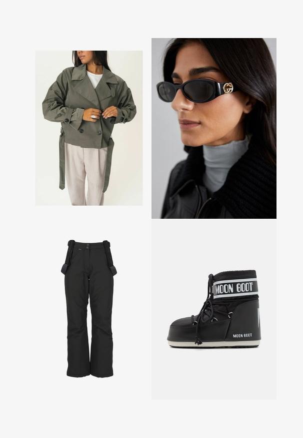 Giacca doppiopetto verde oliva con ampio colletto, grandi bottoni neri e lacci laterali, abbinata a pantaloni beige chiaro. Texture morbida.; Maglione bianco a maniche lunghe con collo alto, realizzato in un tessuto liscio e elastico. Presenta una vestibilità aderente e un colletto alto. Nessun motivo o accento visibile.; Pantaloni da neve neri impermeabili con bretelle regolabili, caratterizzati da una texture liscia, design a gamba dritta e cuciture rinforzate per garantirne la durata.; Stivale Moon Boot nero con tomaia imbottita, fissata da lacci e una distintiva fascia bianca con il logo. Suola in gomma spessa e texture.; Occhiali da sole neri con una montatura rettangolare elegante e un accento del logo dorato sul lato. Le lenti scure e la finitura lucida sono evidenti.
