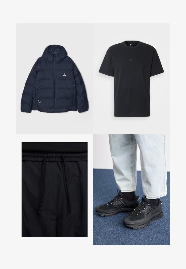 Navy puffer jacket with a high collar, zip closure, and a triangular logo. Features quilted sections and a textured, insulated design.; Nike black cotton t-shirt with a classic crew neck, short sleeves, and a subtle, embossed logo on the chest. Smooth texture.; Black shorts featuring a drawstring waistband, lightweight fabric with a smooth texture, and a simple design without visible logos or patterns.; Black athletic shoes with textured fabric and rubber soles, featuring elastic laces and a blue accent on the heel. Worn with light denim pants.
