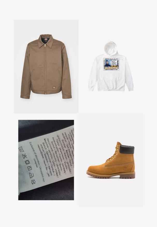 Dickies LINED EISENHOWER JACKET - Overgangsjakke - mushroom; Hvid hættetrøje med et stort trykt identifikationskortdesign i blå, gul og sort, med en frontlomme og snoretræk i hætten.; Et label med flersprogede tekster, pleje symboler og genbrug ikoner, trykt på et blødt stoflignende materiale i lyse farver.; Tan nubuck ankelstøvle med sort polstret krave, gyldne metaløjer, hvid syning detaljer og robust gummisål med udtalte slidbaner.