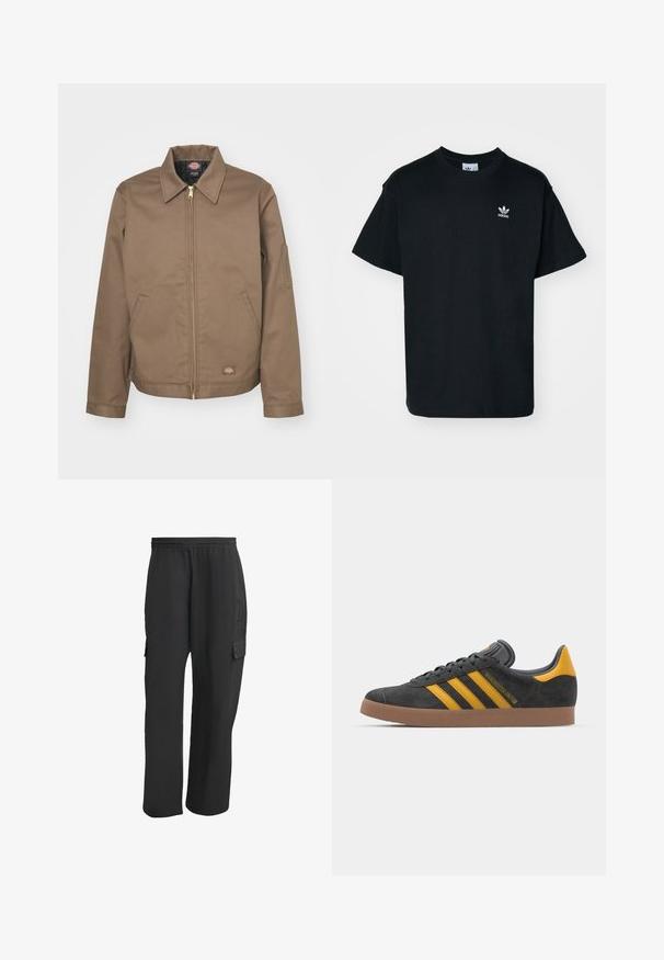 Dickies LINED EISENHOWER JACKET - Giacca da mezza stagione - mushroom; T-shirt in cotone nero con collo rotondo e maniche corte, caratterizzato da un piccolo logo bianco Adidas sul lato sinistro del petto.; Pantaloni cargo neri con elastico in vita, dotati di tasche laterali, vestibilità larga e tessuto a trama. Progettati per comfort e utilità.; Sneaker in suede nero con dettagli gialli, dotato di tre strisce e una suola in gomma marrone. Include una linguetta imbottita per il comfort.