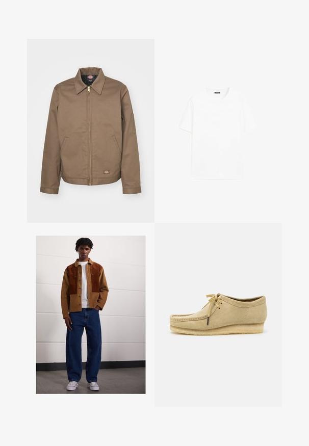 Dickies LINED EISENHOWER JACKET - Light jacket - mushroom; White cotton t-shirt with short sleeves, round neckline, and a straight cut. Smooth texture with no visible patterns or accents.; Brown corduroy jacket with contrasting dark brown patches, white t-shirt underneath, loose blue denim jeans, and white sneakers.; Beige suede shoe with a lace-up design, stitched detailing, and a rubber sole. The shape is casual with a slight wedge heel.