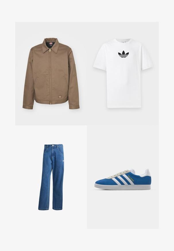 Dickies LINED EISENHOWER JACKET - Lahka jakna - mushroom; Bela bombažna majica s črnim logojem Adidas na sredini. Kratki rokavi in oblikovanje z okrog lim. Gladka tekstura.; Modre visoko pasu široke denim kavbojke z sprednjimi žepi, zankami za pas, gumbom za zapiranje in majhnim logotipom Adidas na desni stegno.; adidas Originals ADIDAS GAZELLE SHOES - Dvoranske nogometne kopačke - real madrid/bluebird/footwear white/crew yellow