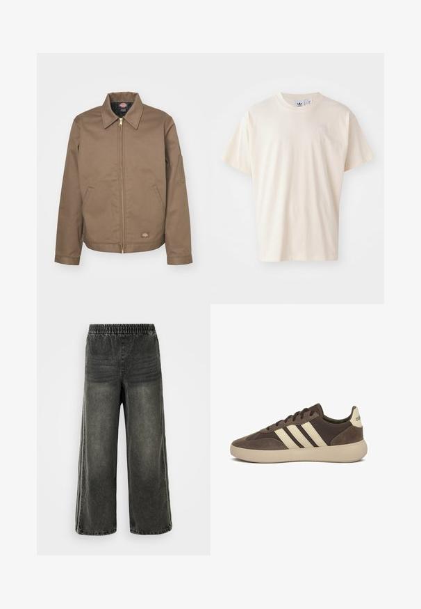 Dickies EISENHOWER brązowy; Kremowa bawełniana koszulka z okrągłym dekoltem i krótkimi rękawami; posiada małe, jasne logo na piersi.; Czarne spodnie dżinsowe z efektem przetarcia, z elastycznym pasem i szerokimi nogawkami, z delikatnymi pionowymi szwami po bokach.; Brązowy zamszowy sneaker z trzema białymi paskami, zaokrąglonym noskiem, grubą gumową podeszwą oraz minimalnym oznakowaniem na pięcie.