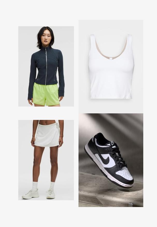 Jūras spēku zips jaka ar augstu apkakli. Gluda, elastīga auduma ar izliektiem šuvēm un diviem sānu rāvējslēdzējiem. Saskaņota ar spilgti laima zaļām šortiem.; Balta īsā blūze ar apaļu kakla izgriezumu un platām plecu siksnām. Izgatavota no gludas, elastīgas auduma ar beigās akcentētu odere kakla izgriezumā.; Baltas sporta svārku šorts ar apviju dizainu, izgatavots no gludas auduma. Ar sānu auklu un kombinēts ar gaišas krāsas treniņbotiem un zeķēm.; Melnbaltas Nike Dunk Low sporta apavi ar ādas augšdaļu, caurdurta pirkstu kaste un melnām šņorēm, ar baltu zoli un logo akcentiem.