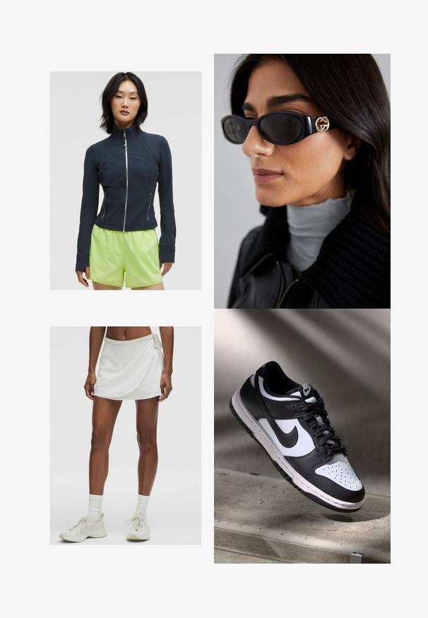 Navy vetoketjulla varustettu takki, jossa on korkea kaulus. Suuri, joustava kangas, jossa on kaarevat saumat ja kaksi sivuvetoketjua. Yhdistetty kirkkaan limevihreisiin shortsit.; Valkoinen lyhyt toppi, jossa on pyöreä pääntiellä ja leveät olkaimet. Valmistettu sileästä, joustavasta kankaasta, jossa on beige vuorikangas pääntien kohdalla.; Valkoinen urheiluhame, jossa on kietaisusuunnittelu, valmistettu sileästä kankaasta. Sivulla on solmimisnauha ja se on yhdistetty vaaleanvärisiin lenkkareihin ja sukkiin.; Musta-valkoinen Nike Dunk Low -lenkkari, jossa on nahkainen yläosa, rei'itetty varvasosa ja mustat nauhat. Kenkässä on valkoinen pohja ja logovärityksiä.; Mustat aurinkolasit, joissa on tyylikäs suorakulmainen kehys ja kultainen logo-akkentti sivussa. Tumma linssit ja kiiltävä pinta ovat huomattavissa.